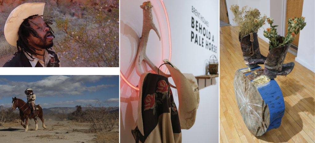 Photo collage including an image of Las Vegas artist Brent Holmes and various Western-themed art pieces.