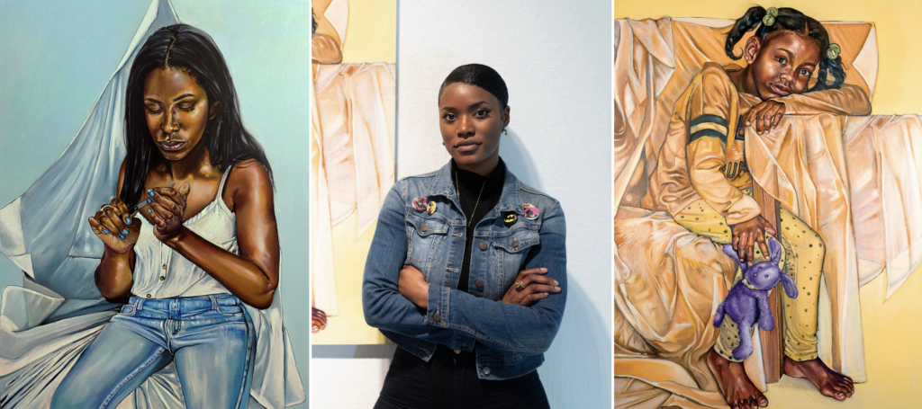 Artist Q'shaundra James pictured between two of her works. One shows a young black women observing her nails, and the other shows a young black girl sitting on a chair.