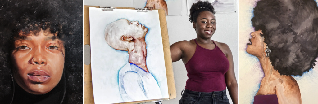 Artist Shereene Fogenay poses between two of her art works. Both feature women of color with natural hair and striking features.