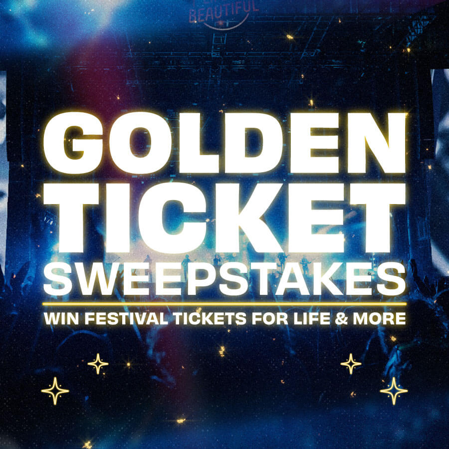 A static image announcing a giveaway sweepstakes for Life is Beautiful Music Festival. It reads "Golden Ticket Sweepstakes. Win festival tickets for life and more"