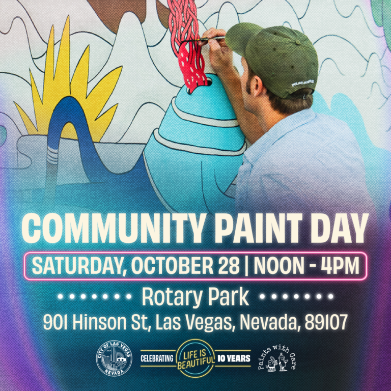 A community flyer with an image of an artist working on a mural. The text reads "Community Paint Day - Saturday, October 28 - Noon to 4 PM - at Rotary Park"